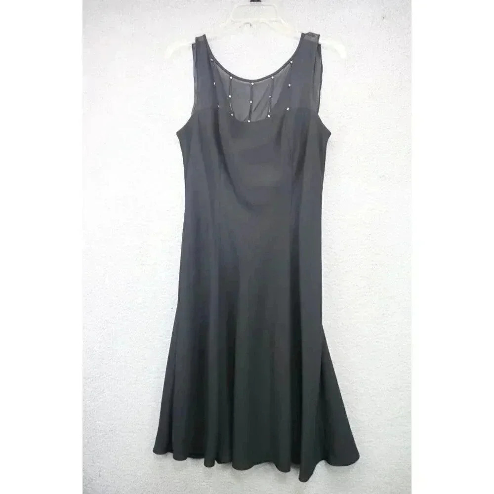 Evan-Picone Black Sleeveless Midi Dress-Size 10-Rhinestone Neckline-Lined